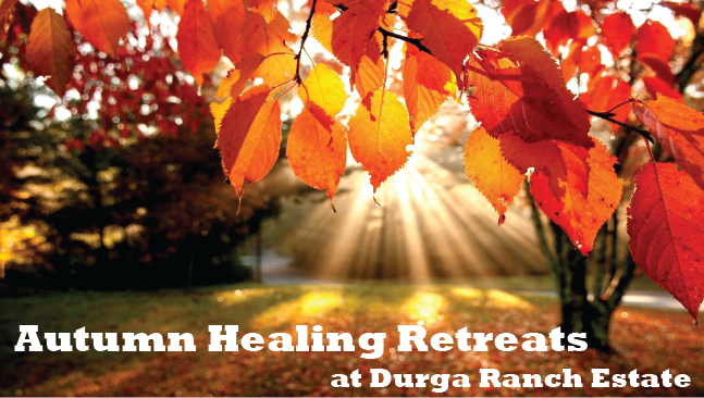 Autumn Leaves with "Autumn Healing Retreats at Durga Ranch Estate" text at the bottom
