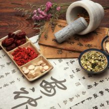 Chinese medical herbs and mortar and pestle